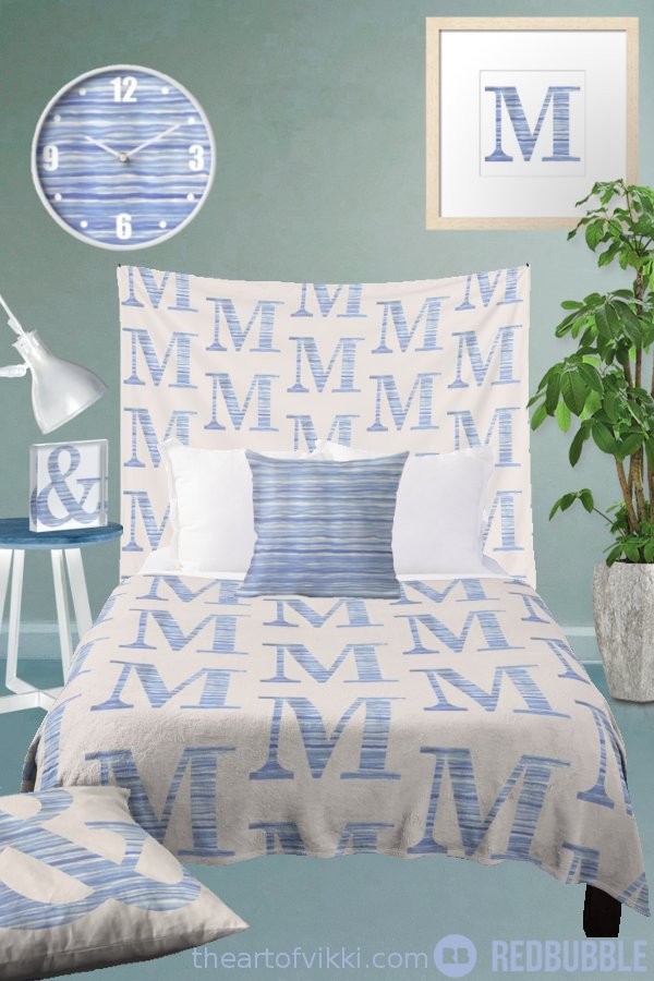 Blue Watercolor Stripes Monogram Bedroom