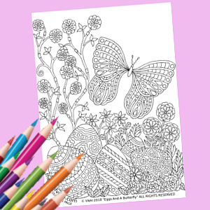 Free Coloring Page For Adults - Eggs And A Butterfly - An fun Easter coloring page for grownups