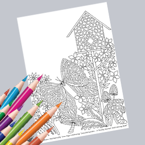 Free Coloring Page For Adults - Birdhouse And Butterfly - celebrating Fanciful Garden - A Weekly Journal And Coloring Book
