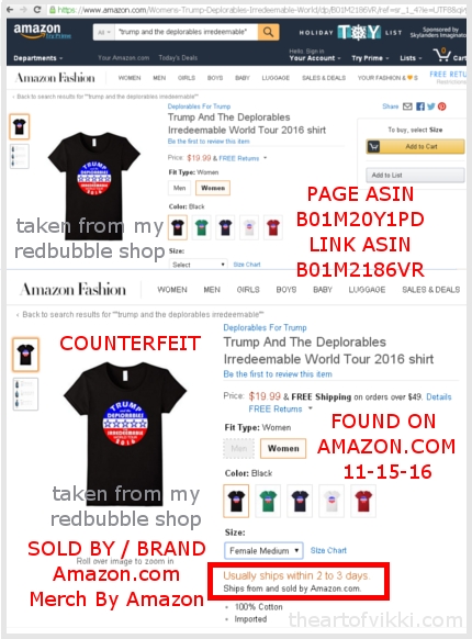 TRUMP AND THE DEPLORABLES COUNTERFEIT SHIRT SOLD BY AMAZON AND MERCH BY AMAZON, TAKEN FROM MY REDBUBBLE STORE